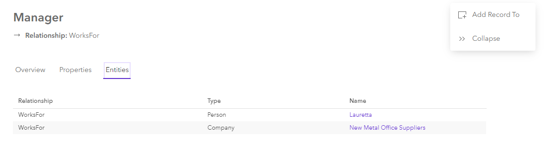 Entities tab of a relationship data card